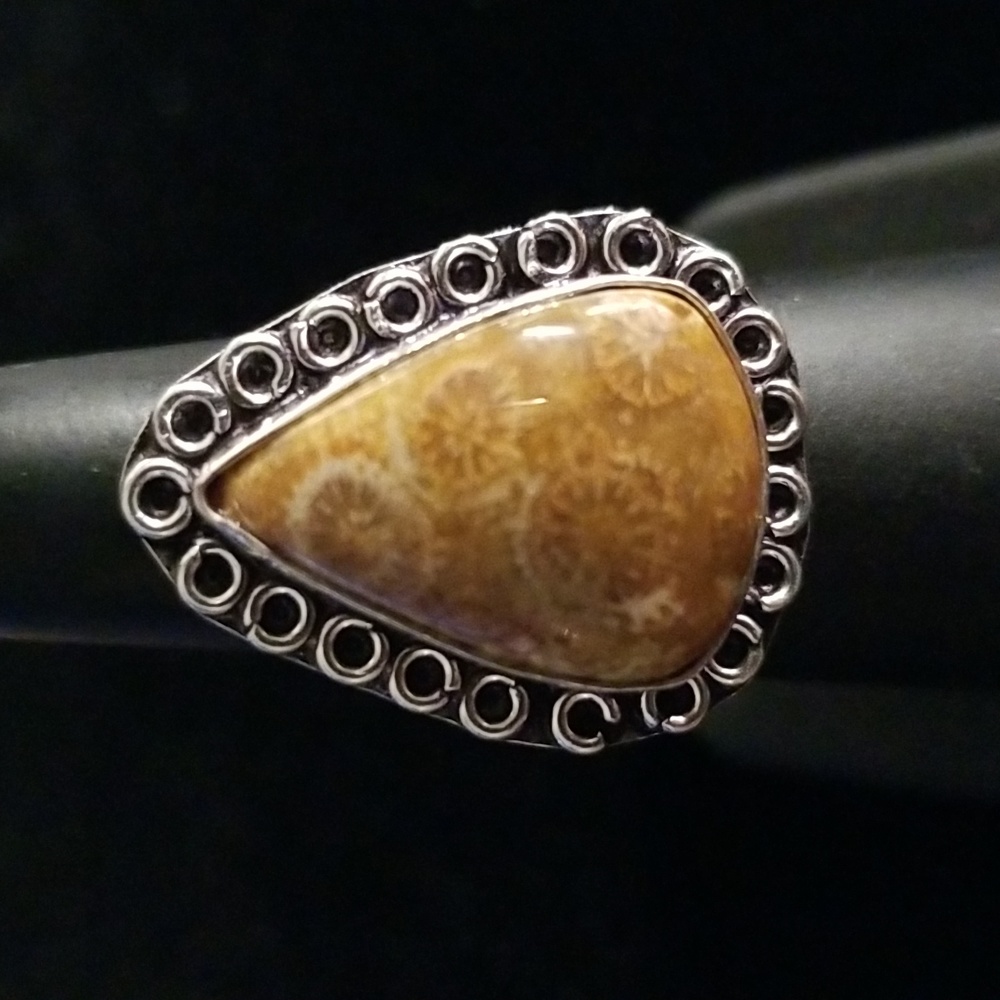 Teardrop Yellow Fossil Stone Ring with Circle Border